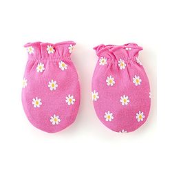 Babyhug 100% Cotton Knit Cap Mittens & Booties Set Floral Print - Pink