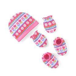 Babyhug 100% Cotton Knit Cap Mittens & Booties Set Floral Print - Pink