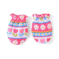 Babyhug 100% Cotton Knit Cap Mittens & Booties Set Floral Print - Pink