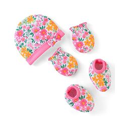 Babyhug 100% Cotton Knti Cap Mittens & Booties Set Floral Print with Bow Applique -Pink
