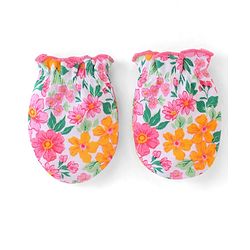Babyhug 100% Cotton Knti Cap Mittens & Booties Set Floral Print with Bow Applique -Pink