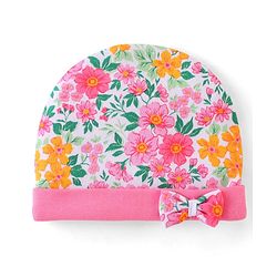 Babyhug 100% Cotton Knti Cap Mittens & Booties Set Floral Print with Bow Applique -Pink