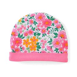 Babyhug 100% Cotton Knti Cap Mittens & Booties Set Floral Print with Bow Applique -Pink