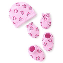 Babyhug 100% Cotton Knit Cap Mittens & Booties Set Floral Print- Pink