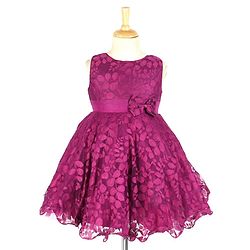 Babyhug  Sleeveless Party  Frock with Leaf Detailing & Bow Applique - Purple