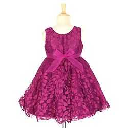 Babyhug  Sleeveless Party  Frock with Leaf Detailing & Bow Applique - Purple