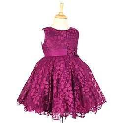 Babyhug  Sleeveless Party  Frock with Leaf Detailing & Bow Applique - Purple