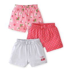 Babyhug Cotton Knit Polka Dots & Berries Printed Shorts Pack of 3 - Pink & Grey