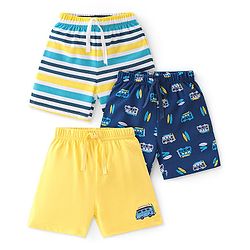 Babyhug Cotton Knit Shorts Beach Print Pack of 3 - Yellow Blue & Green