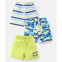 Babyhug Cotton Single Jersey Knit Shorts Striped & Camouflage Print Pack Of 3 - Blue White & Green