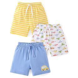 Babyhug Cotton Knit Shorts Stripes & Cars Print - Blue White & Yellow