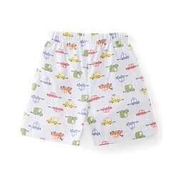 Babyhug Cotton Knit Shorts Stripes & Cars Print - Blue White & Yellow