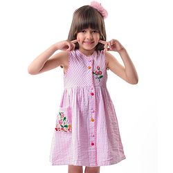 Babyhug Woven Sleeveless Seer Sucker Front Open Striped Frock Floral Embroidery - Pink