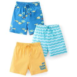 Babyhug Cotton Single Jersey Knit Shorts Fish Print Pack Of 3 - Blue & Yellow