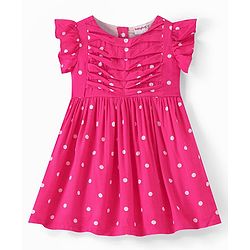 Babyhug Cotton Jersey Knit Frill Sleeveless Frock Polka Dot Print - Fuchsia