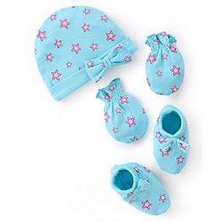 Babyhug 100% Cotton Cap Mittens & Booties Star Print - Blue