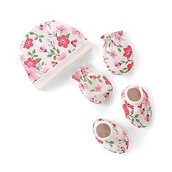 Babyhug 100% Cotton Knit Cap Mittens & Booties Set Floral  Print- White
