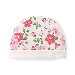 Babyhug 100% Cotton Knit Cap Mittens & Booties Set Floral  Print- White