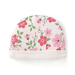Babyhug 100% Cotton Knit Cap Mittens & Booties Set Floral  Print- White