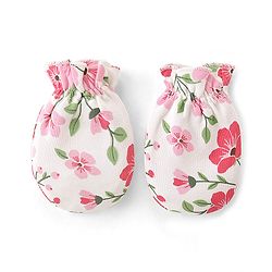 Babyhug 100% Cotton Knit Cap Mittens & Booties Set Floral  Print- White