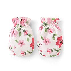 Babyhug 100% Cotton Knit Cap Mittens & Booties Set Floral  Print- White