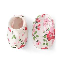 Babyhug 100% Cotton Knit Cap Mittens & Booties Set Floral  Print- White