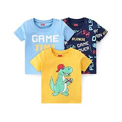 Babyhug Cotton Knit Half Sleeves Dino & Text Printed T-Shirts Pack of 3 - Blue & Yellow