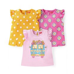 Babyhug 100% Cotton Knit Frill Sleeves Top With Floral Print Pack Of 3 - Multicolor
