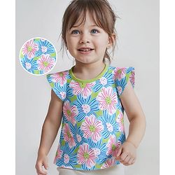 Babyhug 100% Cotton Knit Cap Sleeves Top with Floral Print - Lime Green & Blue
