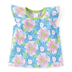 Babyhug 100% Cotton Knit Cap Sleeves Top with Floral Print - Lime Green & Blue