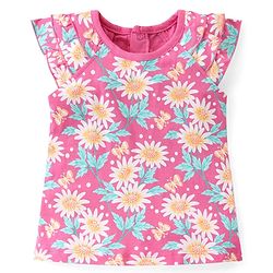 Babyhug 100% Cotton Knit Cap Sleeves Top with Floral Print & Frill Detailing - Pink