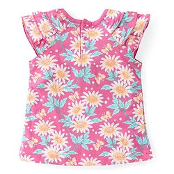 Babyhug 100% Cotton Knit Cap Sleeves Top with Floral Print & Frill Detailing - Pink