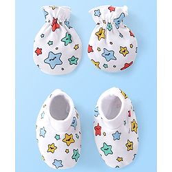 Babyhug 100% Cotton Knit Mittens & Booties Set Star Print Pack of 2 - White