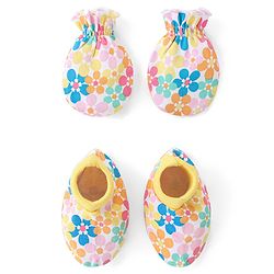 Babyhug 100% Cotton Knit Mittens & Booties Set Floral Print - Yellow