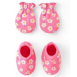 Babyhug 100% Cotton Knit Mittens & Booties Set Floral Print- Pink
