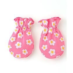 Babyhug 100% Cotton Knit Mittens & Booties Set Floral Print- Pink
