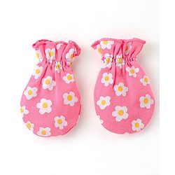 Babyhug 100% Cotton Knit Mittens & Booties Set Floral Print- Pink