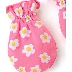 Babyhug 100% Cotton Knit Mittens & Booties Set Floral Print- Pink