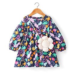 Babyhug Cotton Jersey Full Sleeves Frock With Sling Bag Shapes Print - Blue