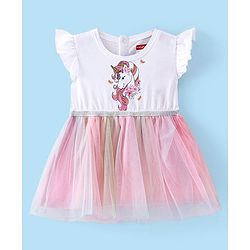 Babyhug 100% Cotton Jersey Knit Frill Sleeves Unicorn Printed Frock - White