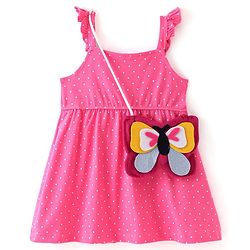 Babyhug Cotton Jersey Frill Sleeves Polka Dot Print Frock with Butterfly  Shaped Sling - Pink