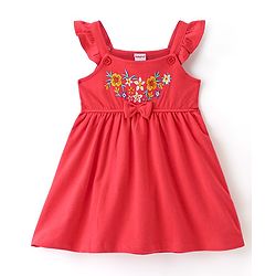 Babyhug Cotton Jersey Knit Floral Embroidery Frock with Full Sleeves Printed Inner Tee - Red