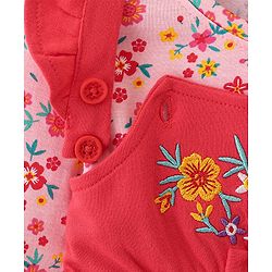Babyhug Cotton Jersey Knit Floral Embroidery Frock with Full Sleeves Printed Inner Tee - Red