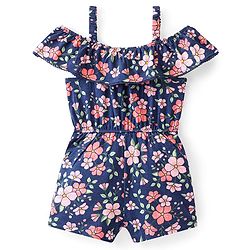 Babyhug Cotton Jersey Sleeveless Floral Printed Singlet Jumpsuit - Navy Blue