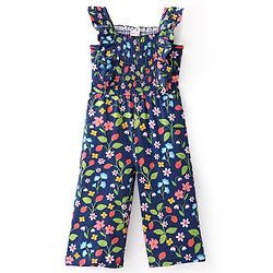 Babyhug Cotton Knit  Sleeveless Jumpsuit  with Floral Print - Navy Blue