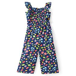 Babyhug Cotton Knit  Sleeveless Jumpsuit  with Floral Print - Navy Blue