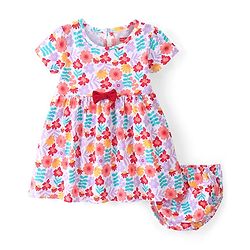 Babyhug Cotton Jersey Knit Half Sleeves Frock with Bloomer Floral Print & Bow Applique- White