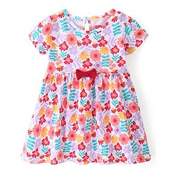 Babyhug Cotton Jersey Knit Half Sleeves Frock with Bloomer Floral Print & Bow Applique- White