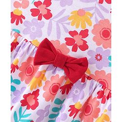 Babyhug Cotton Jersey Knit Half Sleeves Frock with Bloomer Floral Print & Bow Applique- White