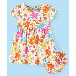 Babyhug 100% Cotton Jersey Knit Half Sleeves Frock With Bloomer Floral Print - Pink